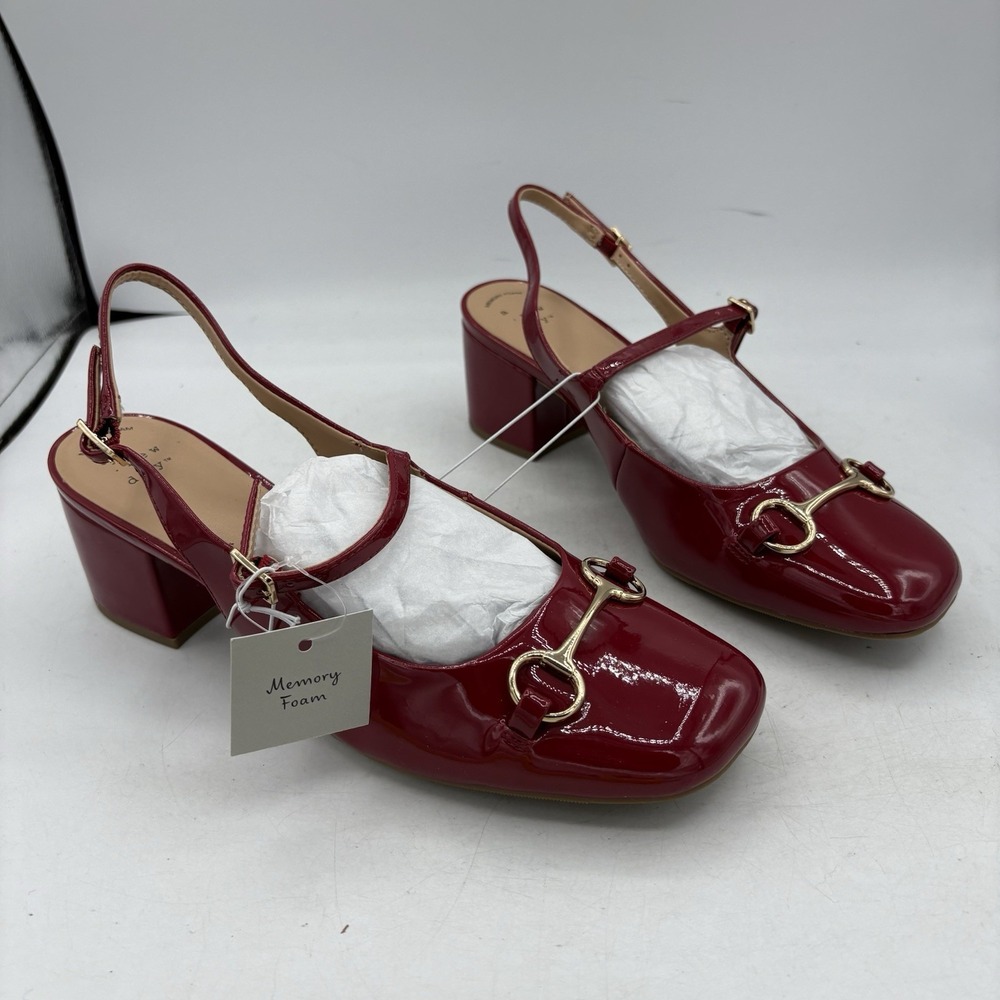 A New Day Heels Womens Size 8.5 Lucky Square Mary Jane Red Slingback Horsebit